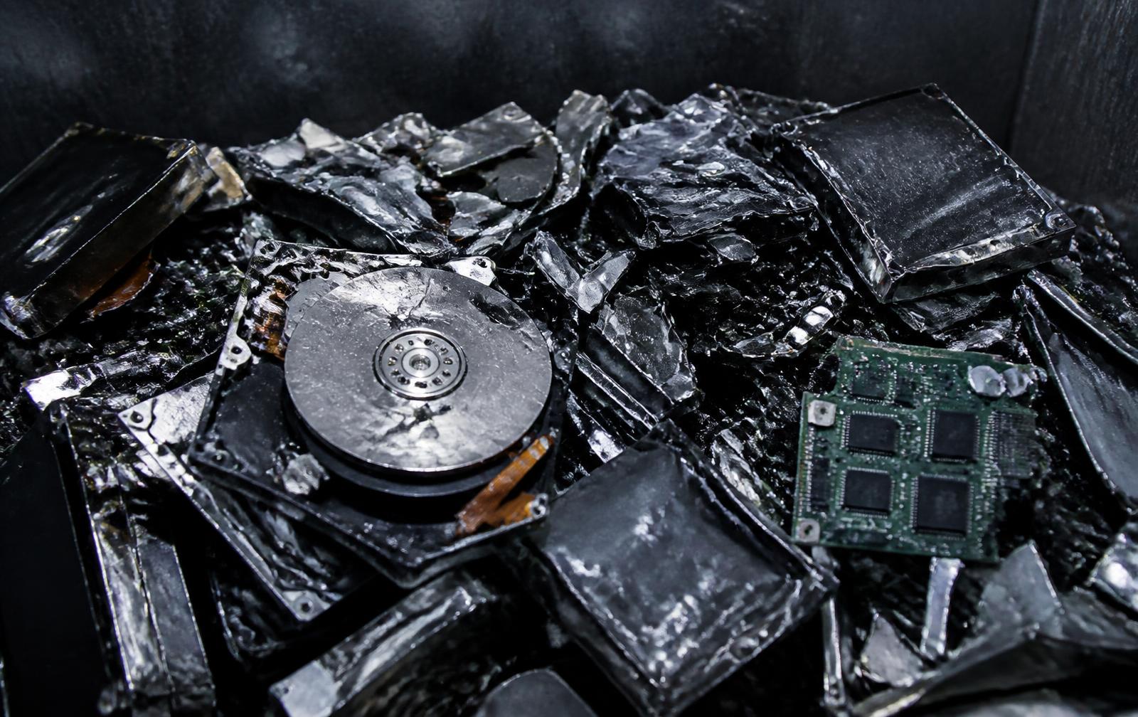 Shredded hard drive and solid state drive fragments