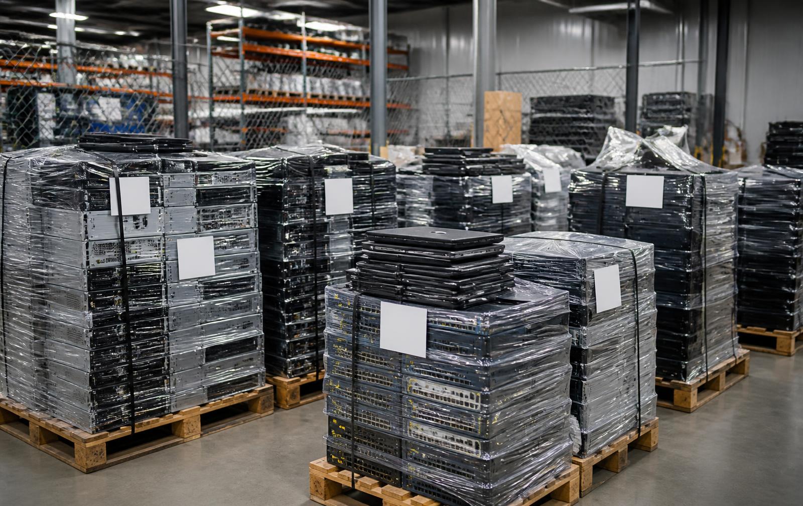 Pallets of inventoried corporate IT equipment in a secure warehouse